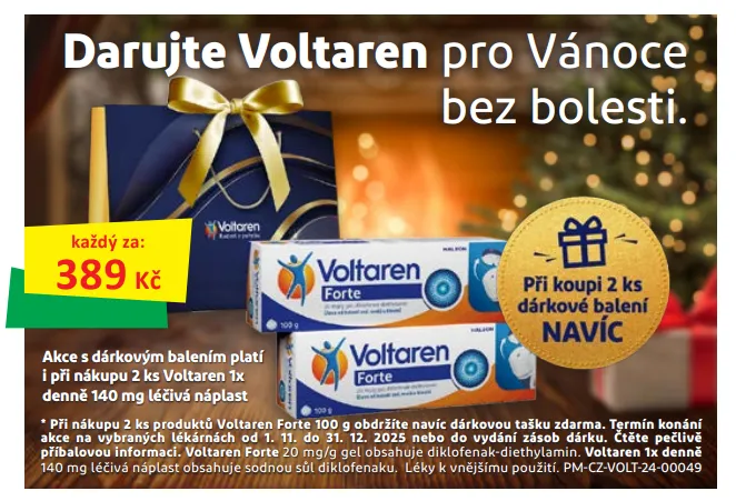 Voltaren 389Kč, dárkové balení při koupi dvou kusů.